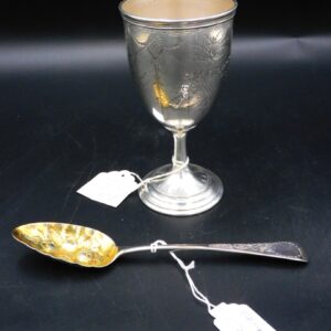 Georgian Silver Berry Spoon and Engraved Goblet with Basket of Flowers