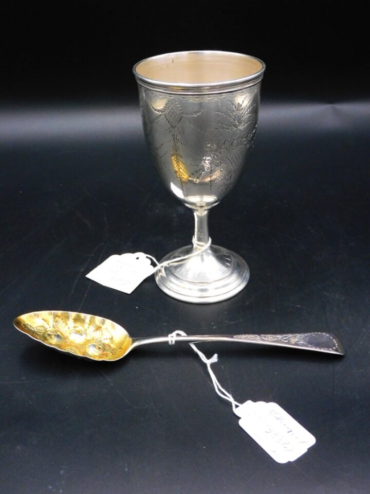 Georgian Silver Berry Spoon and Engraved Goblet with Basket of Flowers