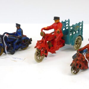 Three Cast Iron Motorcycles with Side Cars and Cart