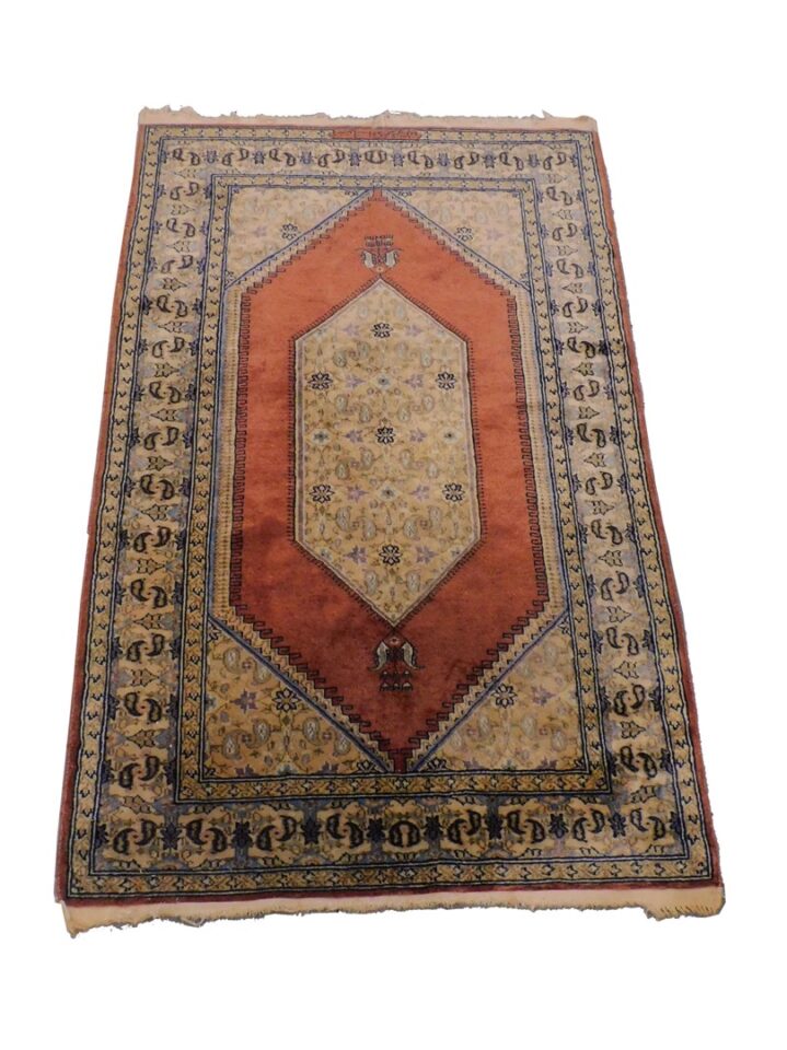 20th Century Silk Oriental Rug with Hexagonal Center Medallion and Floral Border