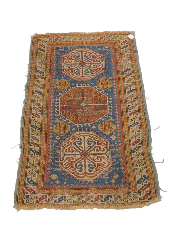 Antique Caucasian Oriental Rug with Hexagonal Medallions and Geometric Camels