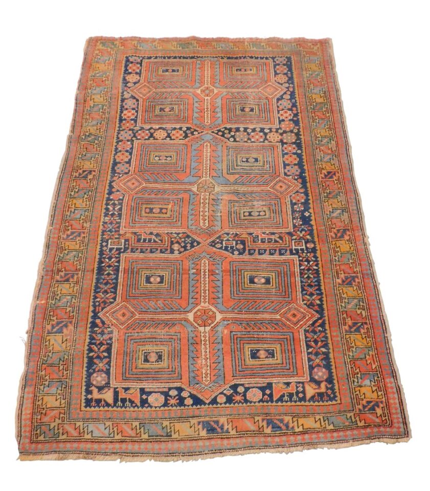 Semi-Antique Caucasian Oriental Akstafa Rug with Unusual Geometric Block Design