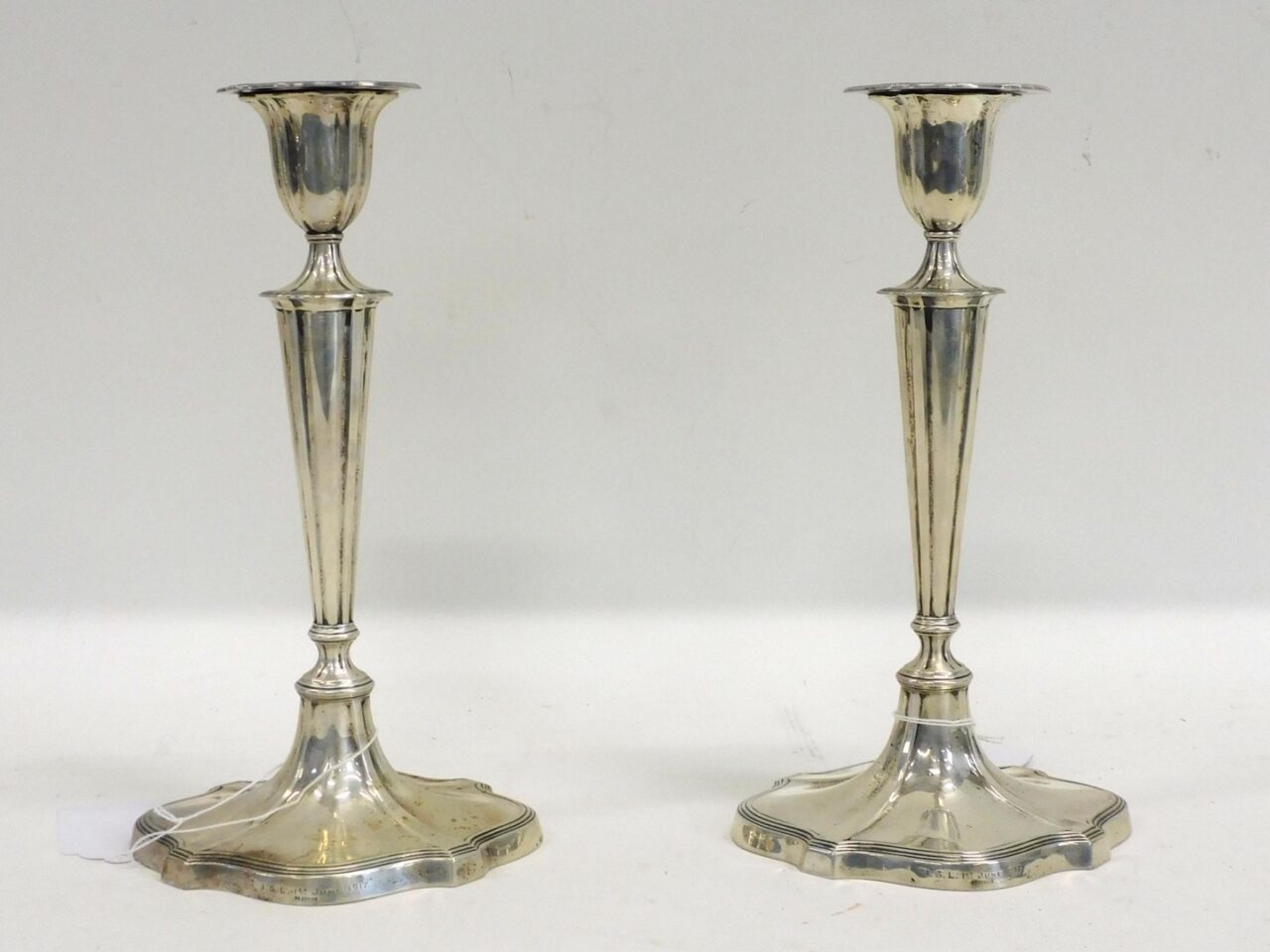 English Sterling Weighted Candlesticks by Goldsmiths & Silversmiths Co. 112 Regent St. W. Circa 1917. Engraved I. S. L.