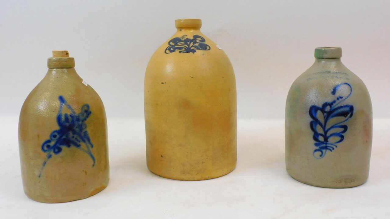 Three 19th-Century Blue Decorated Stoneware Jugs by Batterlee and Mory