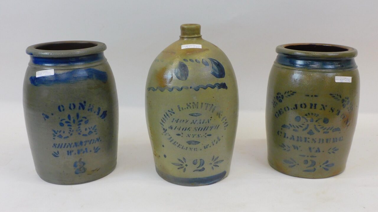 Three West Virginia Stoneware Pieces: GEO. Johnston Clarksburg Jug