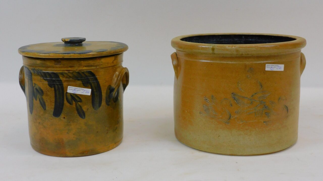 Possibly Remmey Blue Decorated Crock and Incised Swan & Eagle Stoneware Crock