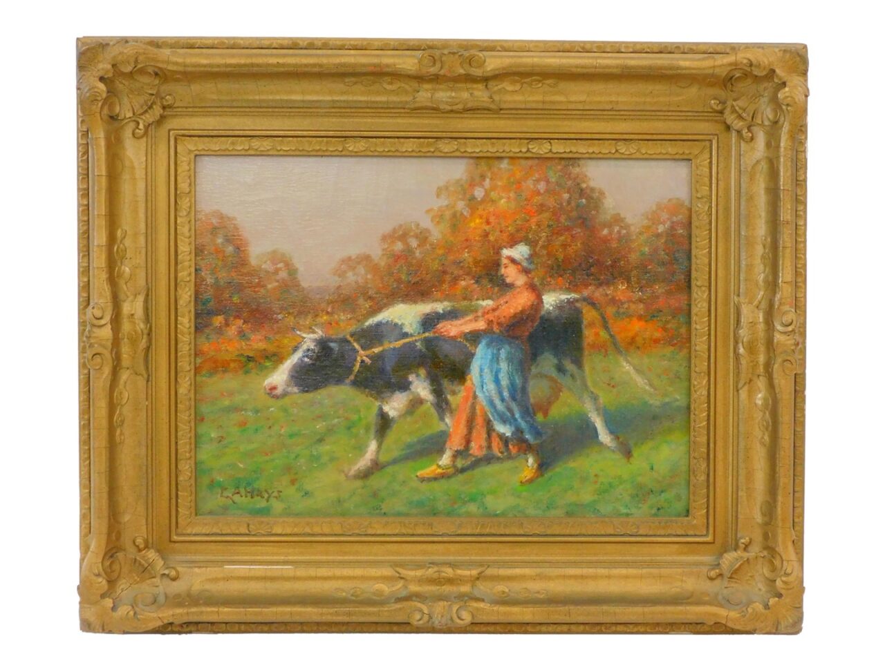 George A. Hays Girl with Cow (1937) Oil on Canvas Auction Catalog Antique Art Gold Gesso Frame.