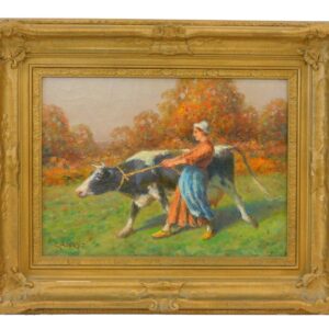 George A. Hays Girl with Cow (1937) Oil on Canvas Auction Catalog Antique Art Gold Gesso Frame.