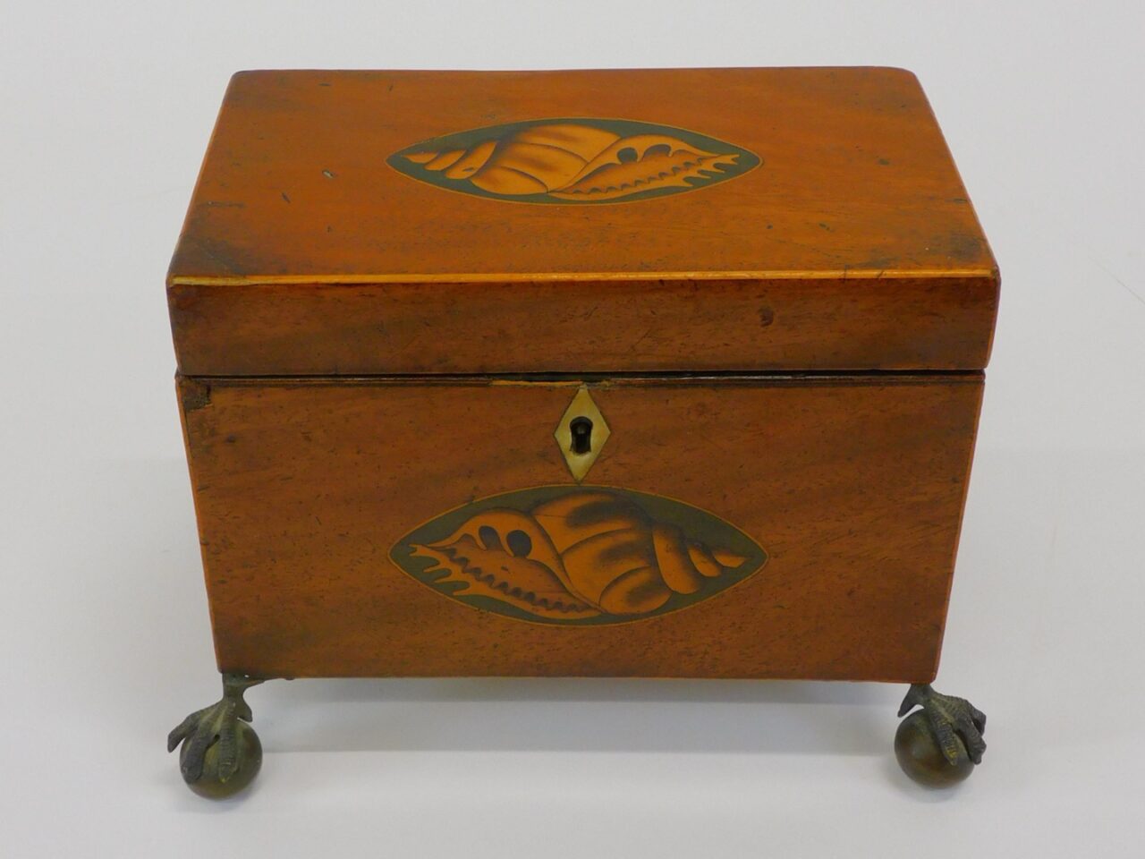 19th-century Mahogany Inlaid Box with Shell Inlay and Brass Ball and Claw Feet by Unknown Artist