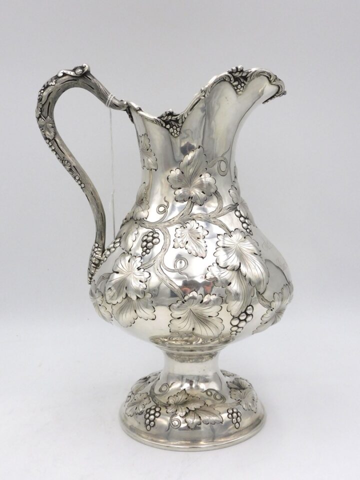 William F. Ladd Coin Silver Presentation Pitcher ca. 1830 Embossed with Grapes and Vines Engraved A.A. Richie to George E. Kilham