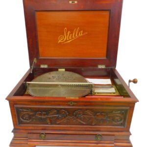 Late 19th Century Victorian Stella Music Disc Player with Carved Mahogany Case and 80 Discs.