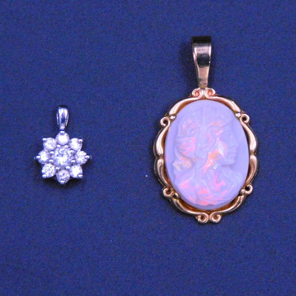 20th Century 14kt Gold Cameo Opal Pendant & Diamond Star Pendant by Unknown Artist