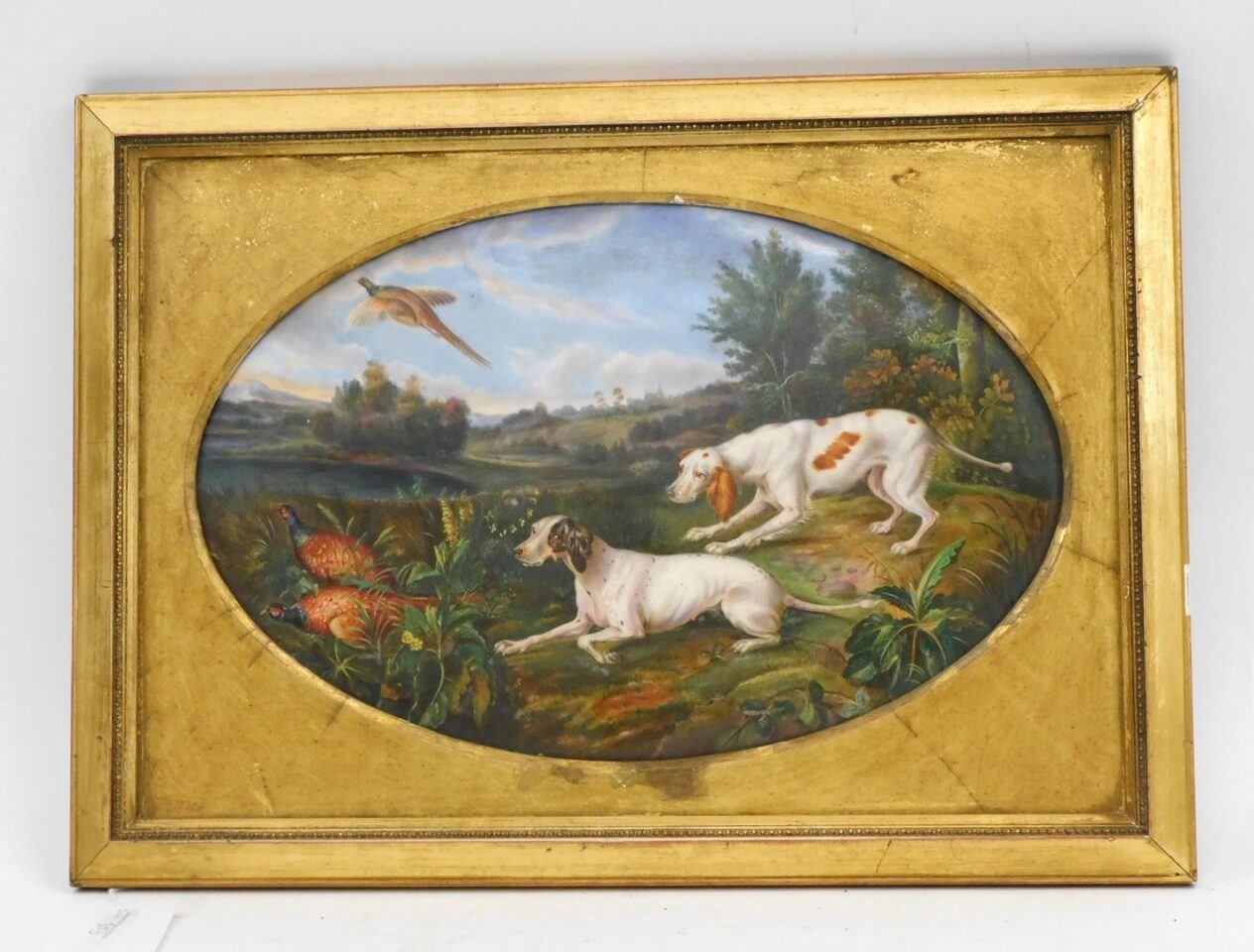 Late 19th Century Continental Oval Porcelain Plaque with Hunting Dogs and Peasants in Gold Gilt Frame.