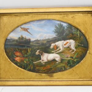 Late 19th Century Continental Oval Porcelain Plaque with Hunting Dogs and Peasants in Gold Gilt Frame.