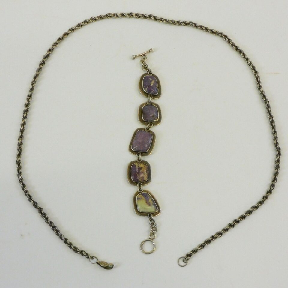 Mexican Sterling Silver Lepidolite Bracelet and Chain Necklace. 20th century. 7 1/2" and 27" lengths. 2.96 ozt.