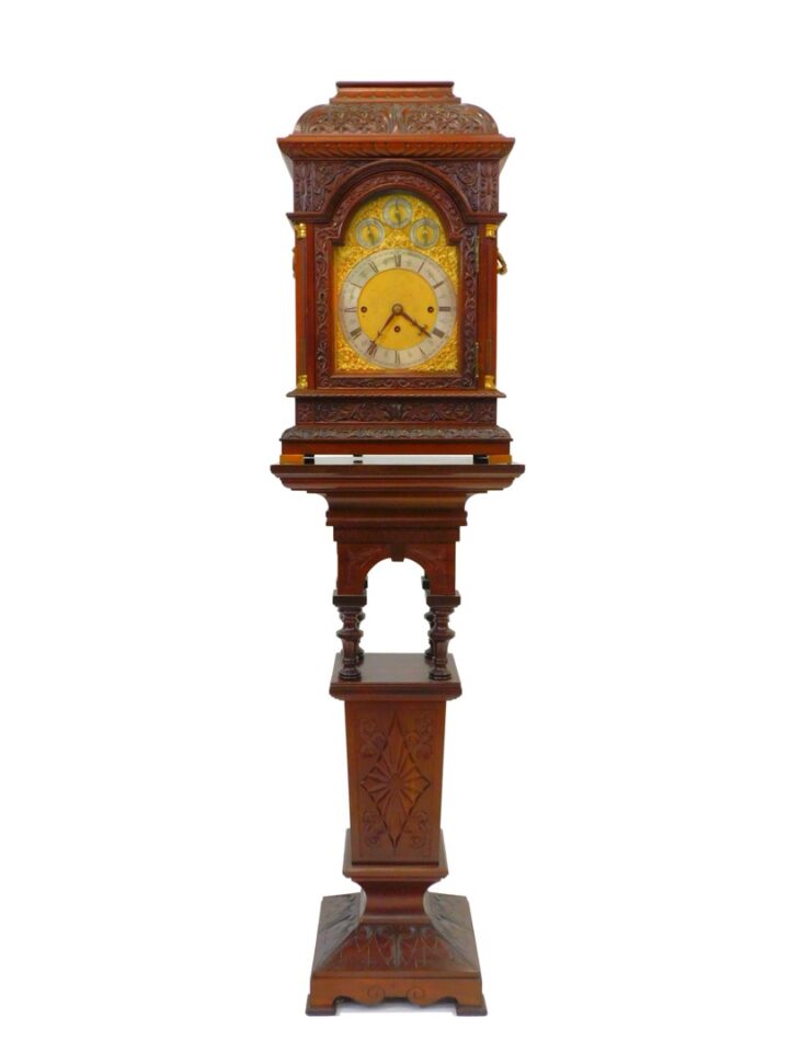 Late 19th/early 20th Century Mahogany Bracket Clock with Multiple Chimes and Ornate Brass & Silver Dial