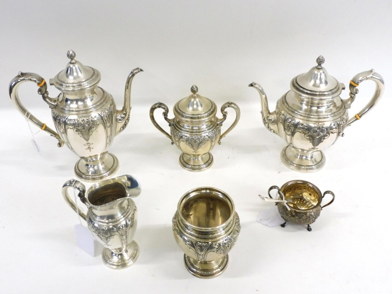 Frank M. Whiting Silver Tea & Coffee Service Set. Early 20th century. Sterling silver. 5 pieces. English sugar shell included.