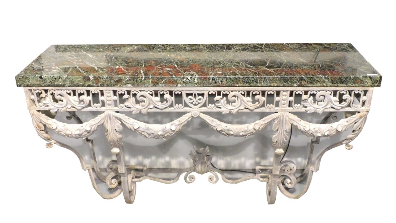 Art Deco Style Wrought Iron and Green Marble Console Table