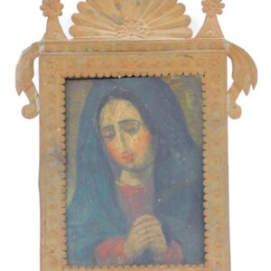 19th Century Mexican Primitive Portrait of Madonna on Tin in Original Embossed Frame.