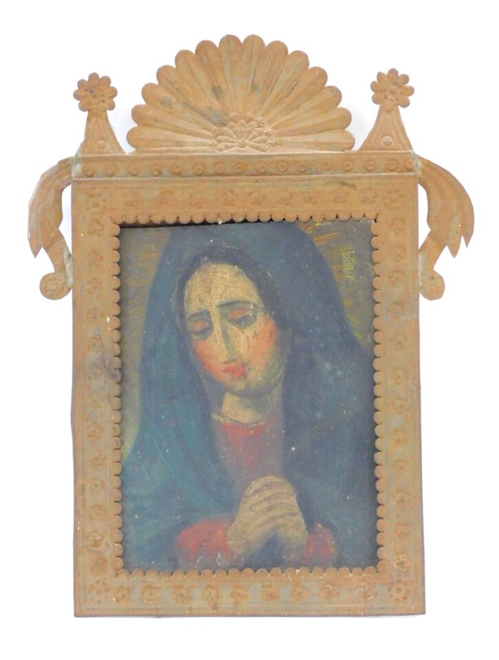 19th Century Mexican Primitive Portrait of Madonna on Tin in Original Embossed Frame.