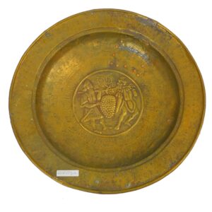 Embossed Alms Bowl by Unknown Artist. 16th / 17th Century. Gentleman Carrying Fruit. 17" Diameter. Early Brass Repair.