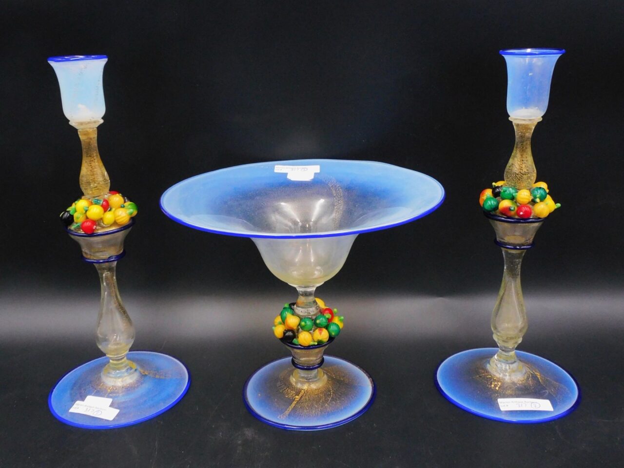 Murano Glass Console Set with Blue Rim and Fruit Design