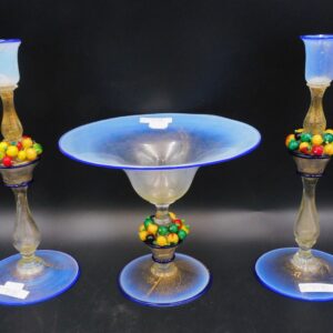 Murano Glass Console Set with Blue Rim and Fruit Design