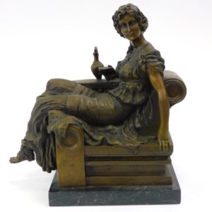 Classical Revival Bronze Statue of Seated Woman with Wine on Marble Base