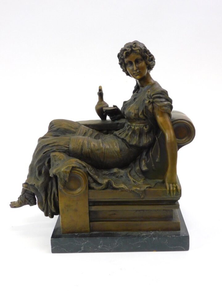 Classical Revival Bronze Statue of Seated Woman with Wine on Marble Base