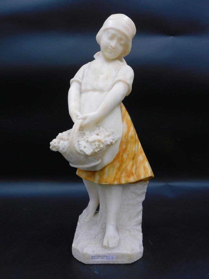 Early 20th Century Alabaster Statue of a Girl with Basket of Grapes by Unknown Artist