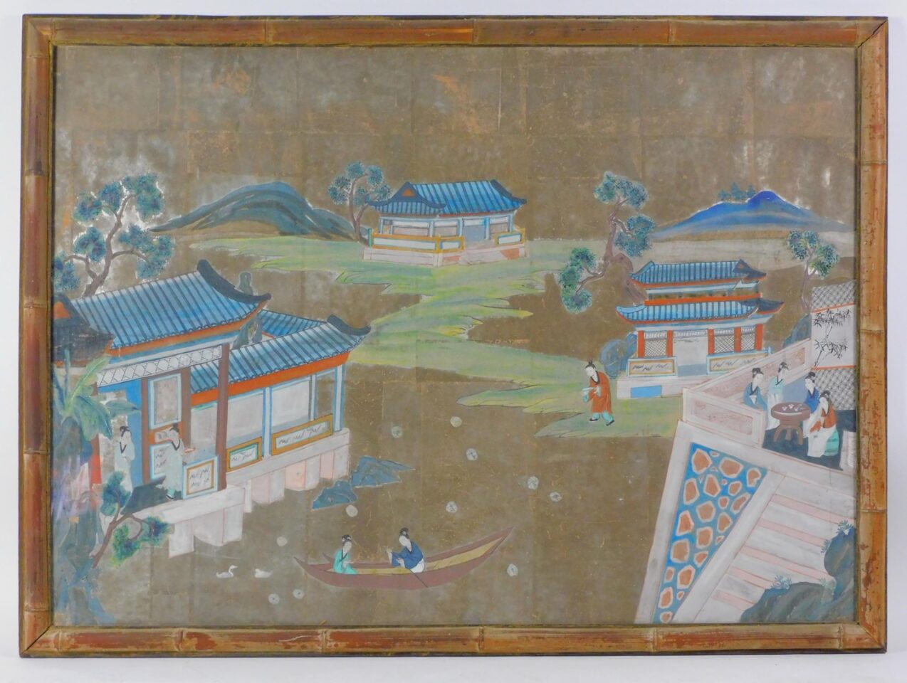 Chinese School 19th Century Watercolor Gouache Landscape with Split Bamboo Frame