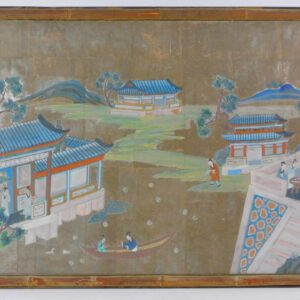 Chinese School 19th Century Watercolor Gouache Landscape with Split Bamboo Frame