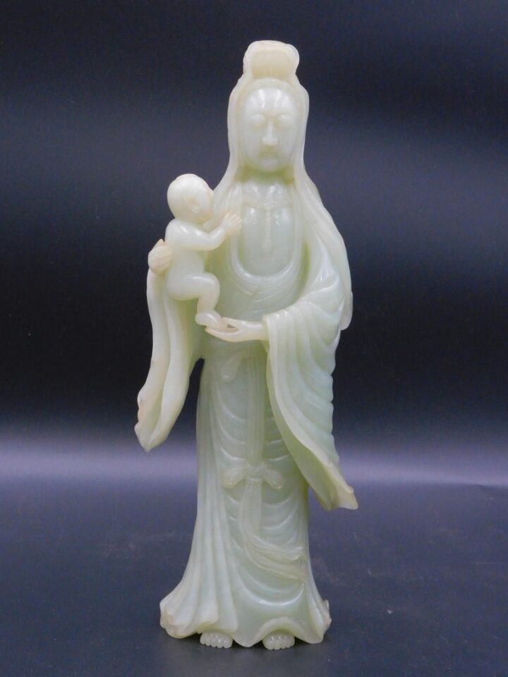 White Jade Guanyin Goddess of Mercy Carved Figure