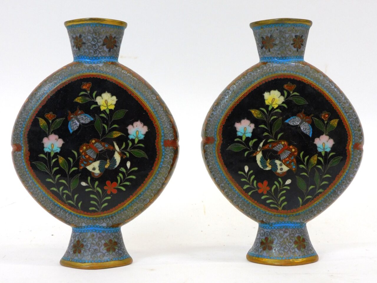 Pair of 19th-century Cloisonné Canteen Form Vases with Butterflies