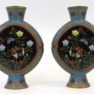 Pair of 19th-century Cloisonné Canteen Form Vases with Butterflies