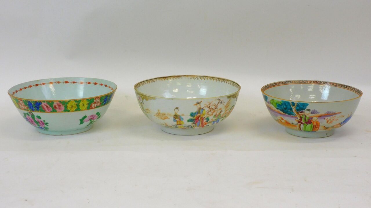 Chinese Export Bowls by Unknown Artist. 19th-century. Figures and Floral Motif. Center Bowl with Restoration. 4"-4 1/4" x 9"-10".