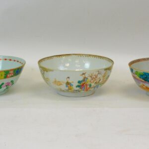 Chinese Export Bowls by Unknown Artist. 19th-century. Figures and Floral Motif. Center Bowl with Restoration. 4"-4 1/4" x 9"-10".