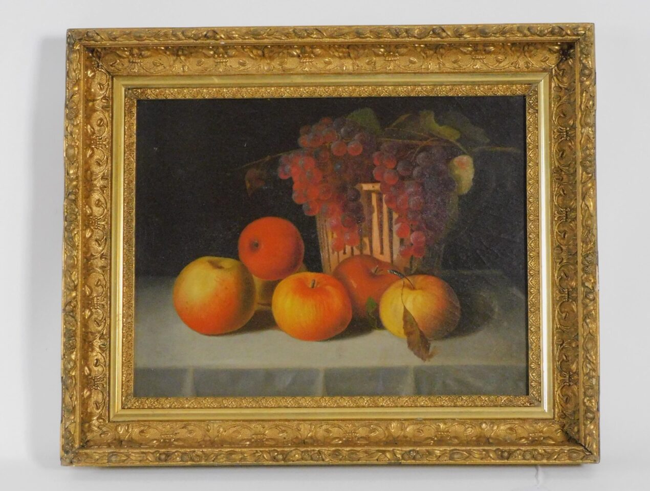 Late 19th c. Fall River School Still Life with Apples and Grapes in Basket in Exceptional Gilt Gesso Frame