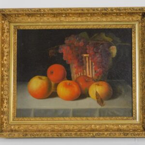 Late 19th c. Fall River School Still Life with Apples and Grapes in Basket in Exceptional Gilt Gesso Frame