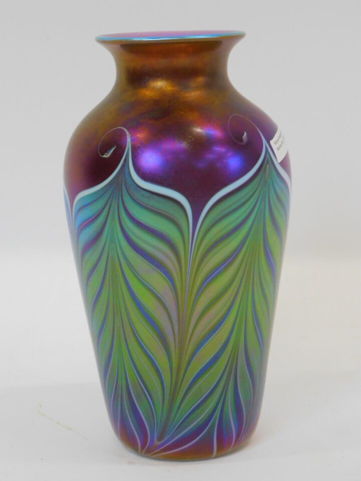 Orient & Flume Iridescent Vase with Feather Design