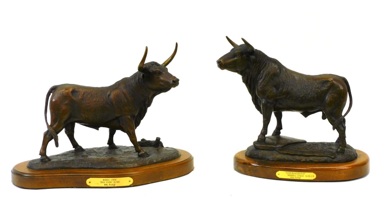 (2) Bronze Bull Sculptures by Bill Saathoff "Courageous" and "Bold Vision"