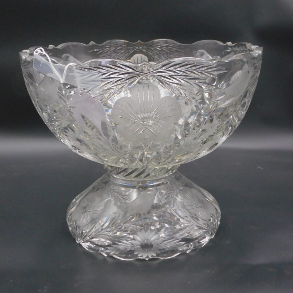 Pairpoint Cut Glass Punch Bowl with Bird and Floral Designs