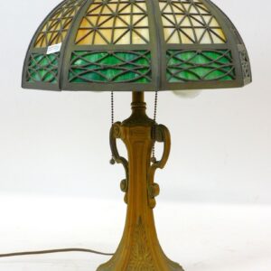 Tiffany Studios Bent Panel Table Lamp. Early 20th century. Green and caramel slag glass panels