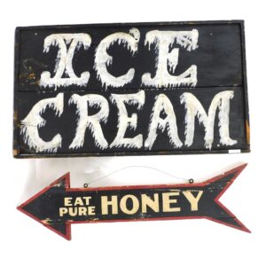 Early 20th Century Wooden Signs: "Eat Pure Honey" Arrow Sign & Ice Cream Sign by Unknown Artist