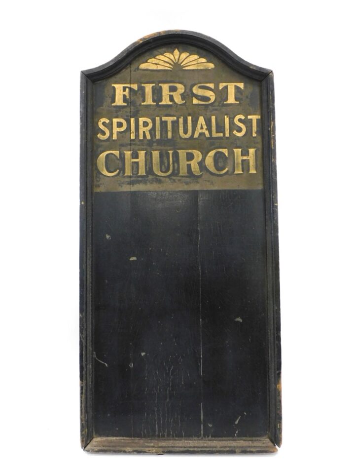 19th Century First Spiritualist Church Wooden Sign with Tombstone Top