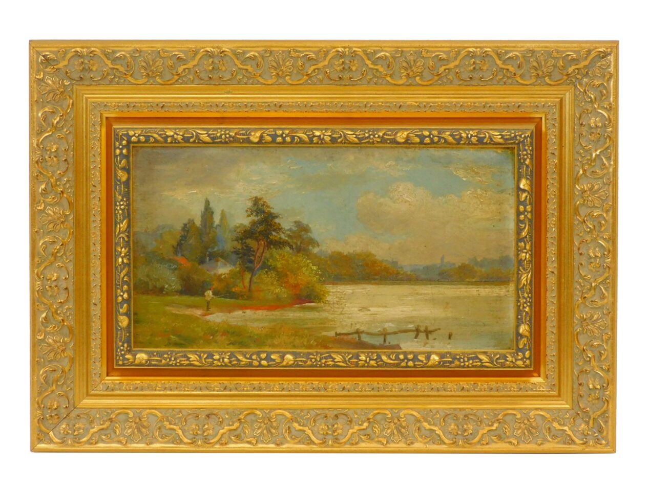 Franklin Harrison Miller (1843-1911) Oil on Artist Board "Man Fishing on River with City" Fall River School.