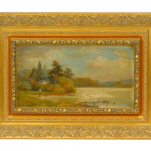 Franklin Harrison Miller (1843-1911) Oil on Artist Board "Man Fishing on River with City" Fall River School.