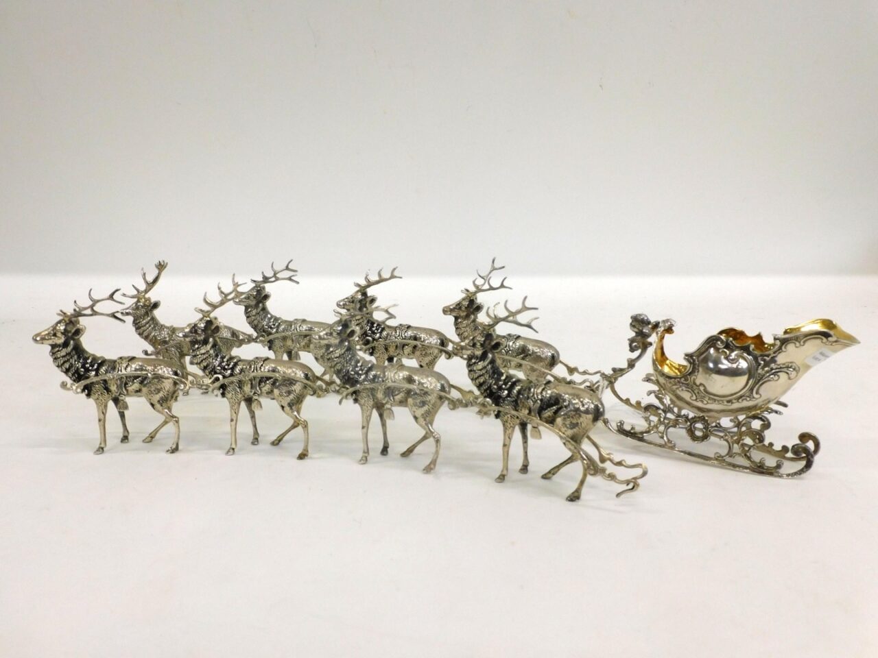 Continental Silver Christmas Reindeer Set by Unknown Artist. Early 20th century. Gold wash sleigh