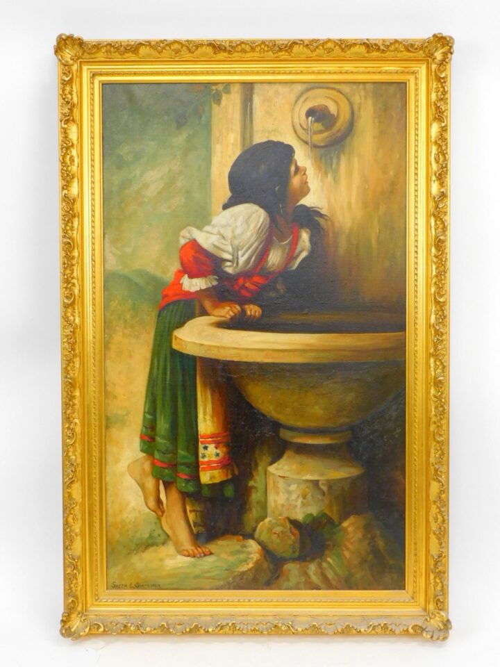 Greta E. Stare McCormick Roman Girl at Fountain 1918 Oil on Canvas Painting Leon Bonnat Style