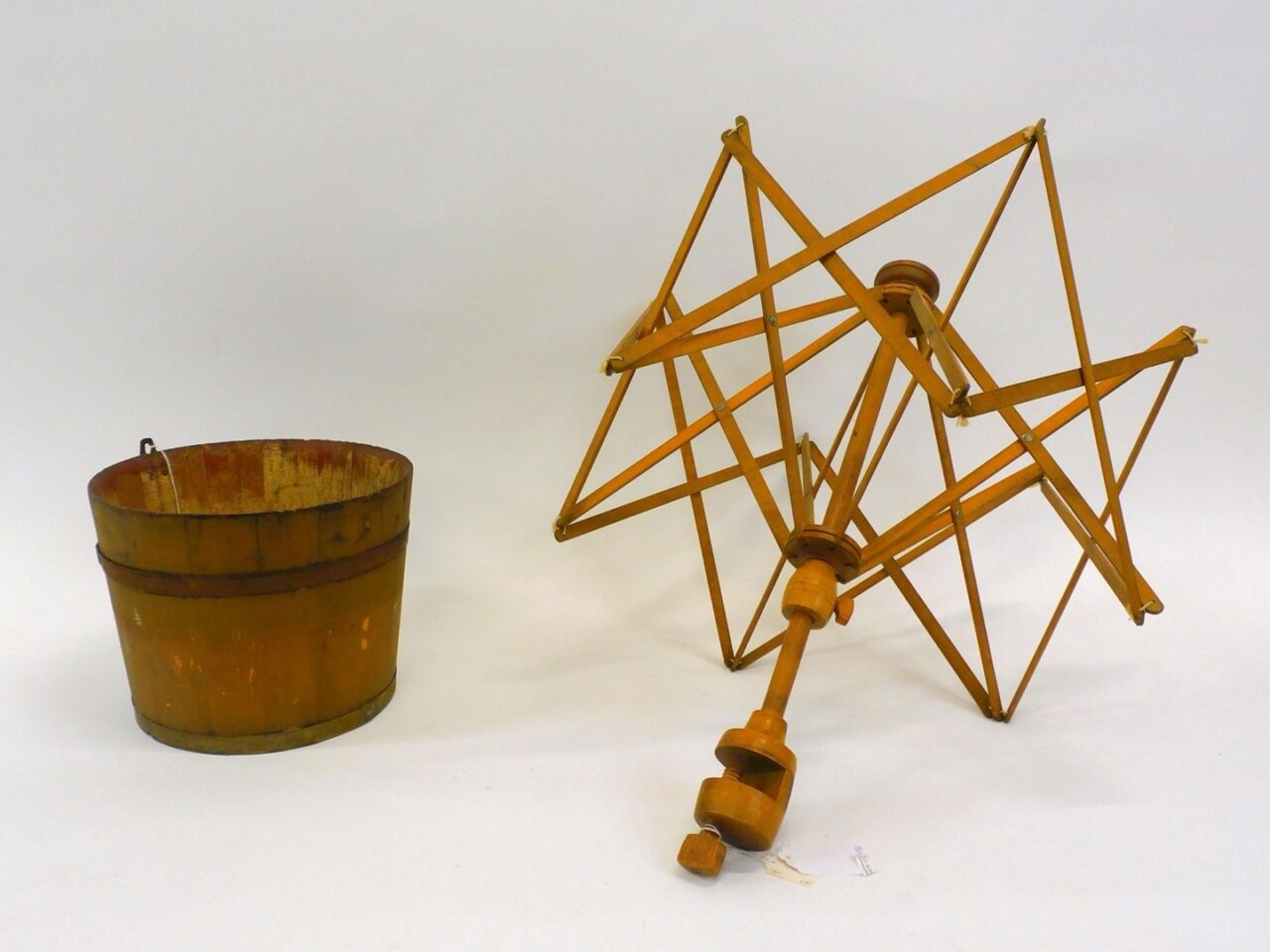 Shaker Items: Chrome Yellow Adjustable Table Swift & Mustard Yellow Sap Bucket. 19th century. North Family of Enfield